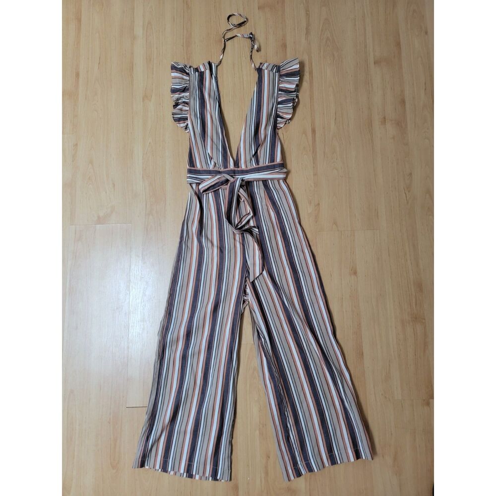 STORIA Multicolor Striped Wide Leg Jumpsuit Ruffle Shoulder Straps Small S
